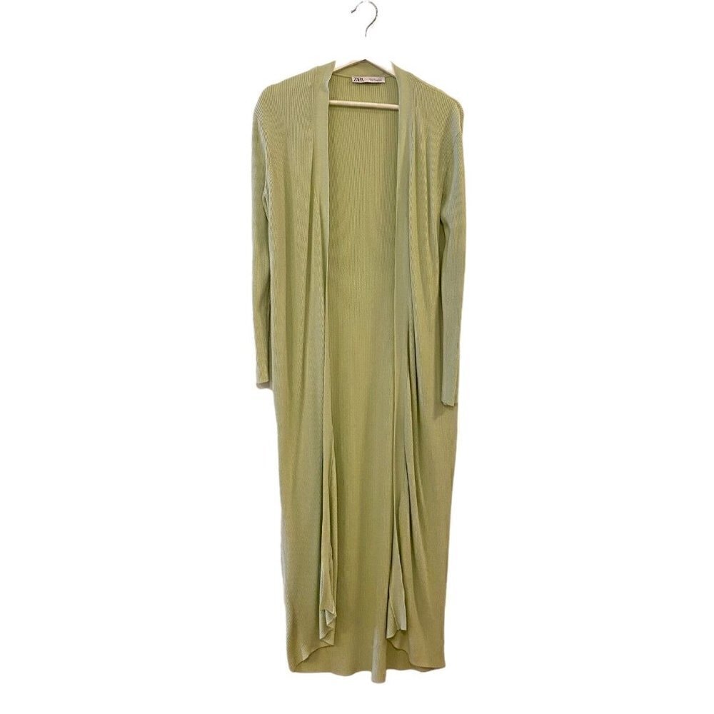 Zara Collection Long Maxi Green Ribbed Knit Stretch Cardigan Kimono Medium
